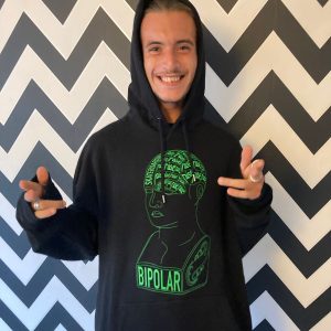 Nise Hoodie Black with Green Bipolar Graphic Front, Circle Logo Back
