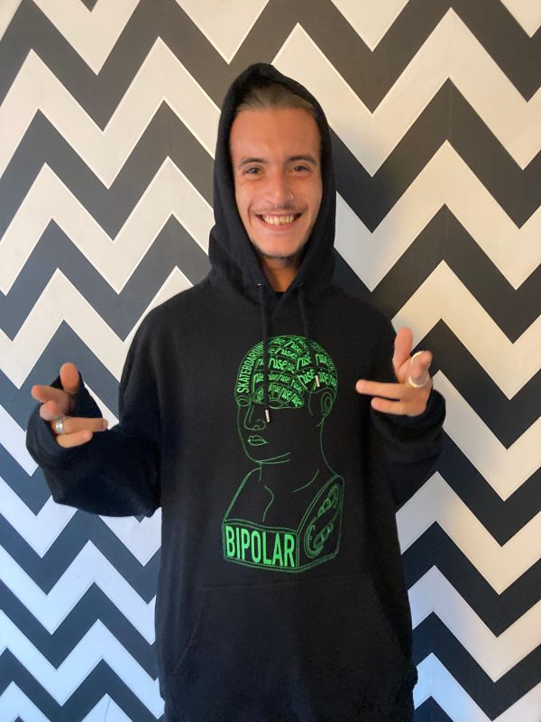 Nise Hoodie Black with Green Bipolar Graphic Front, Circle Logo Back