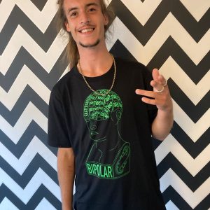 Nise T-Shirt Black with Green Bipolar Graphic Front, Circle Logo Back