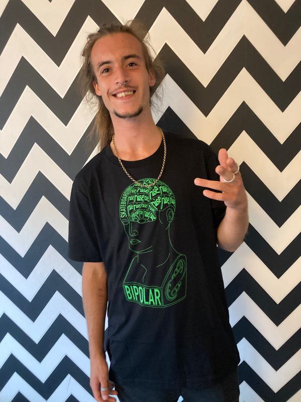 Nise T-Shirt Black with Green Bipolar Graphic Front, Circle Logo Back